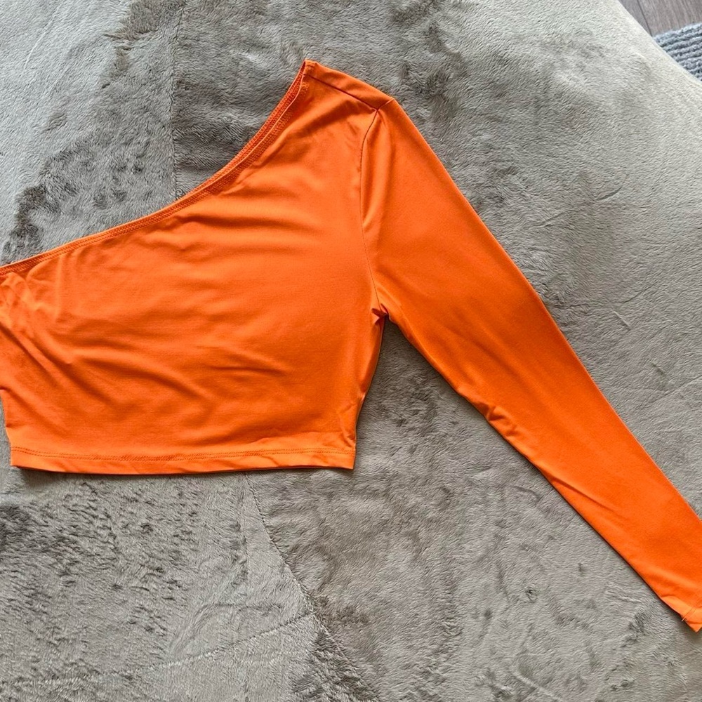 Orange One-Shoulder Long Sleeve Crop Top